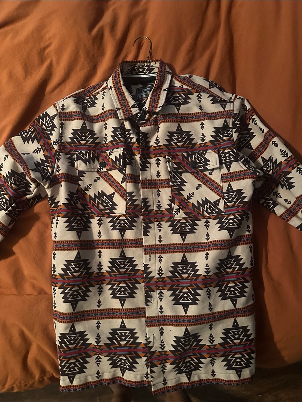 Nomad Men's Lightweight Shirt Jacket in Cream with Black & Rust Pattern